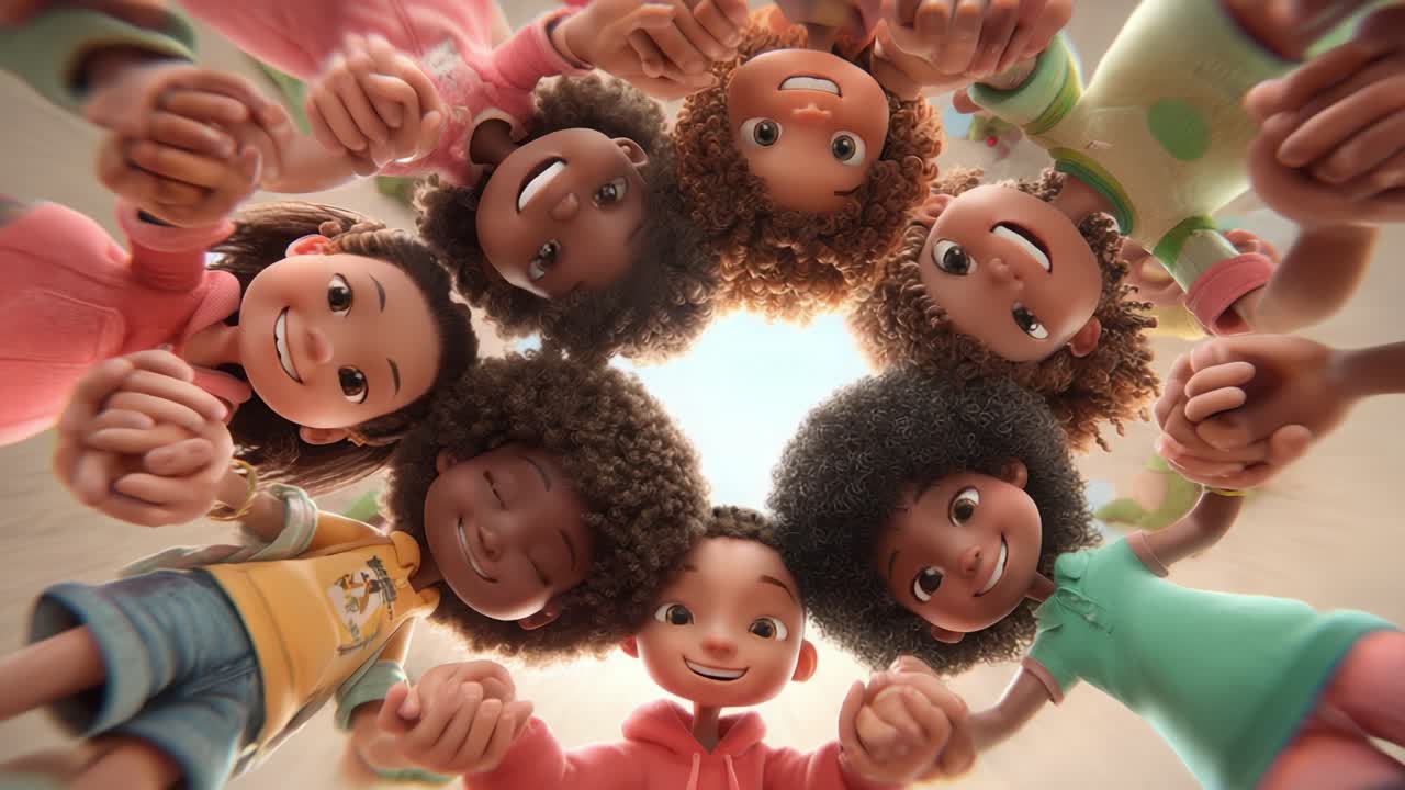 A joyful group of animated children with vibrant, curly hairstyles gather in a circle, holding hands and sharing smiles, radiating friendship and unity in a delightful, colorful setting
