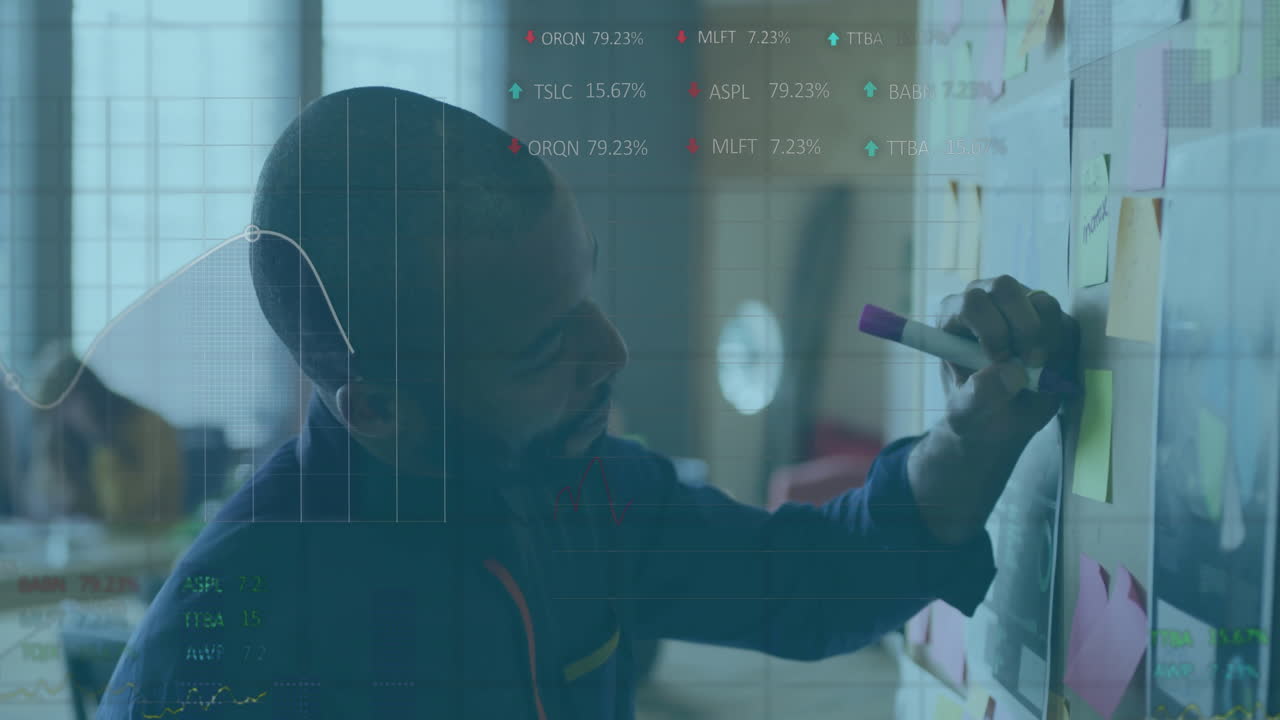 Business project lead man writing on glass board with sticky notes while animated graphs floating