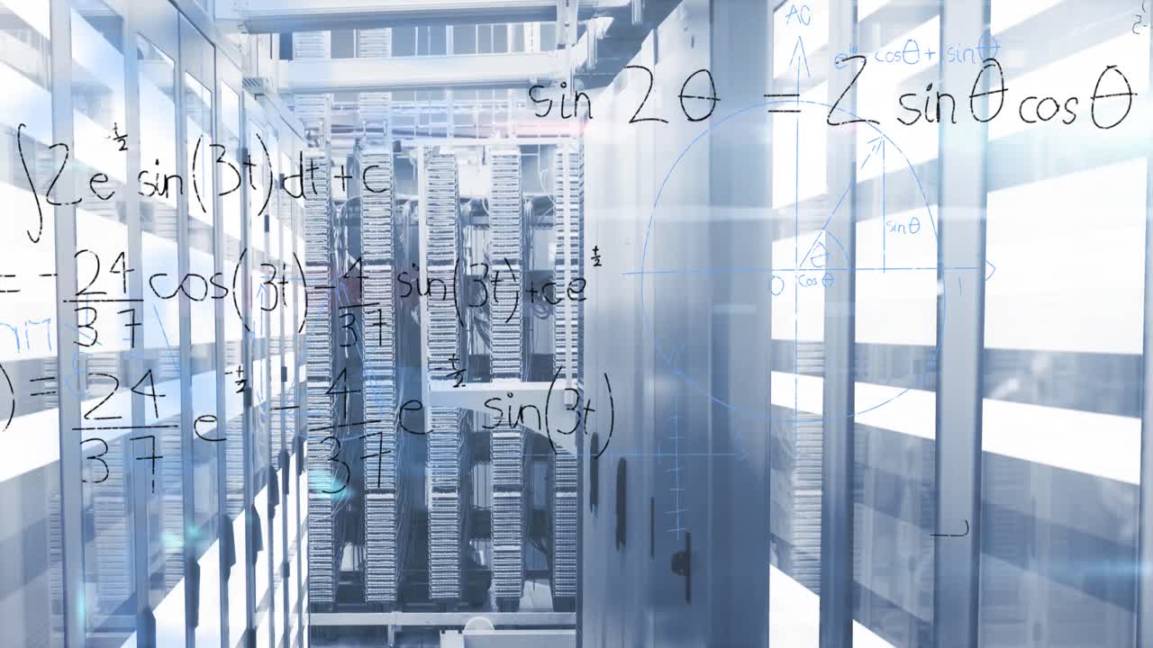 Mathematical equations against empty server room