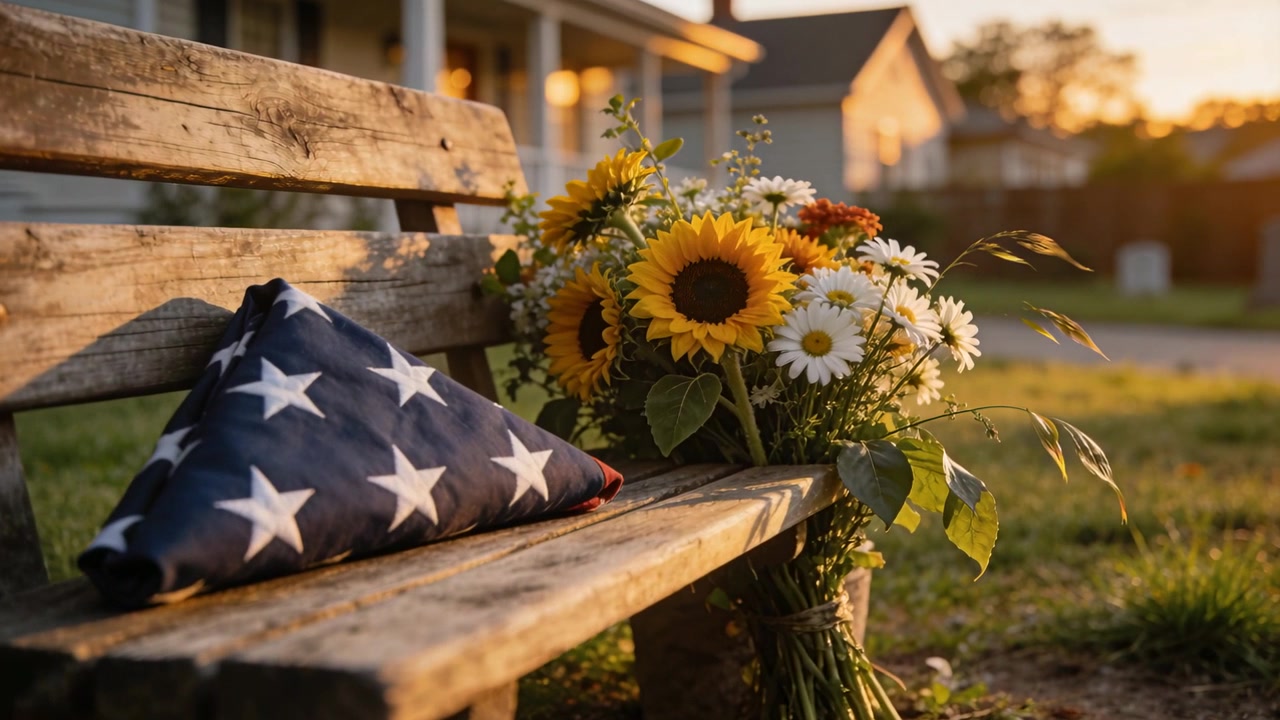 Caméra en mouvement révélant un drapeau américain plié et un bouquet de tournesols sur un banc patiné, en hommage au service.