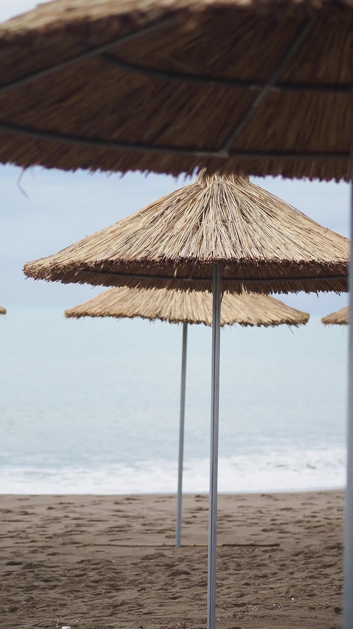Ombrelloni da spiaggia in paglia su un litorale sabbioso