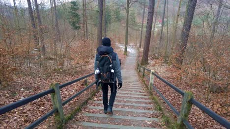 shot of a man with a backpack walking along a forest steps while hiking through the forest on a cold winter day