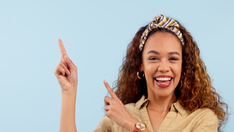 excited, pointing and face of woman by mockup