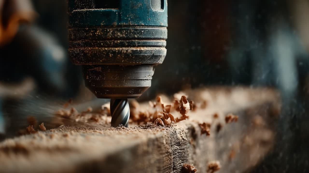 Primo piano di un trapano elettrico in azione, che mostra la precisione e la potenza della lavorazione del legno mentre crea trucioli e polvere dalla superficie di una tavola di legno.