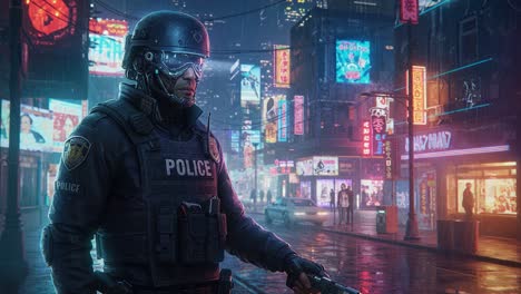 A vigilant police officer stands guard in a neon-lit urban landscape, showcasing a blend of futuristic elements and street-level intensity amidst the nighttime glow