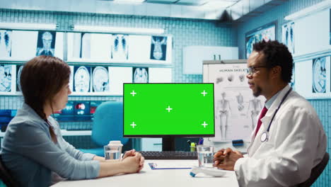african american medical expert consulting a woman next to copy space
