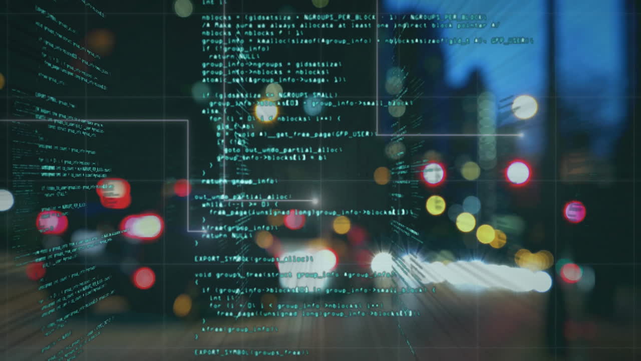 Animation of digital data processing over cityscape