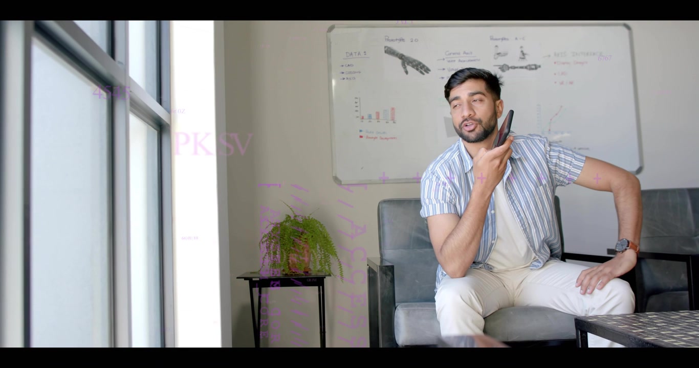 Answering incoming call, man in striped shirt holding smartphone to ear in office, purple overlay
