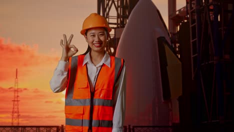 woman engineer smiling at sunset near rocket