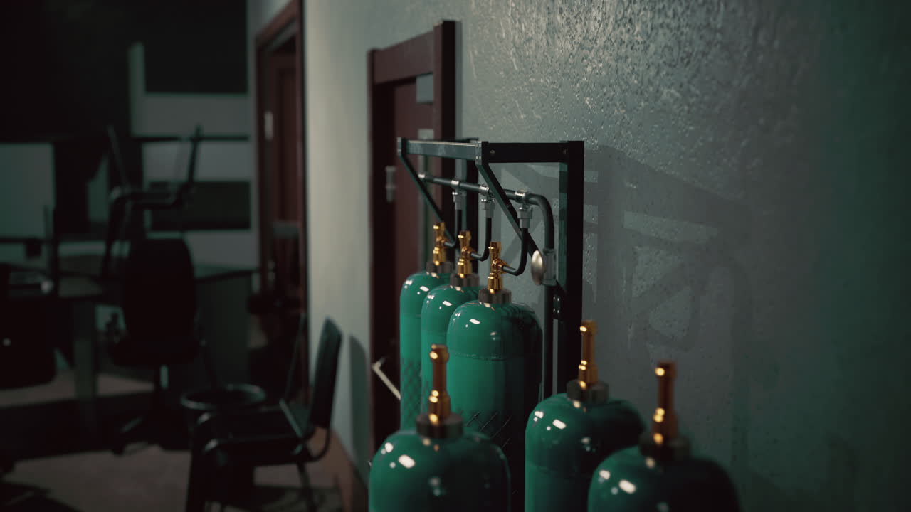 Bombole di gas verdi e robuste allineate contro il muro in una stanza scarsamente illuminata