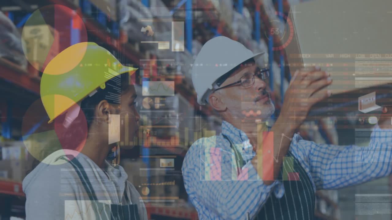 animación de estadísticas y procesamiento de datos financieros sobre hombres y mujeres que trabajan en almacenes