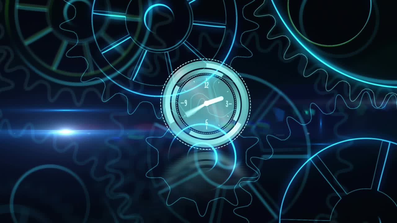 Lens flare starting glowing cyan clock lighting forming HUD rings, rotating gears for logo loop