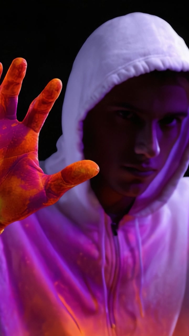 A Mysterious Figure in a Hooded Sweatshirt with Vibrant Colorful Paint on Their Hands, Portraying a Unique and Artistic Expression of Emotion and Energy.
