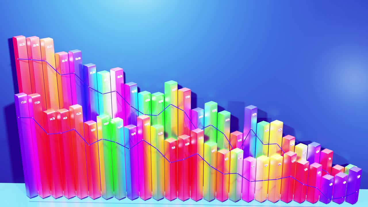 추상적인 루프 인포그래픽 배경은 파란색에 다채로운 3d 바를 가지고 있습니다. 기둥에서 그래프를 하향화합니다. 4k의 복사 공간을 가진 경제 배경. 통계 데이터의 차트로 3d 바.