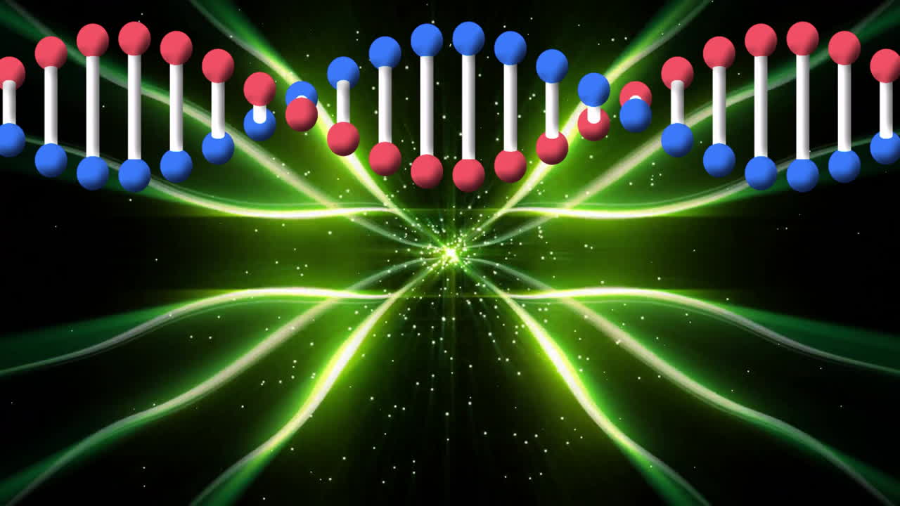 DNA strand animation over glowing green abstract background with light streaks