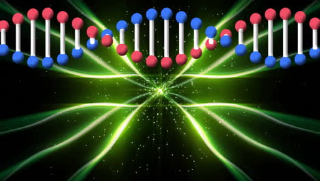 dna strand animation over glowing green abstract background with light streaks