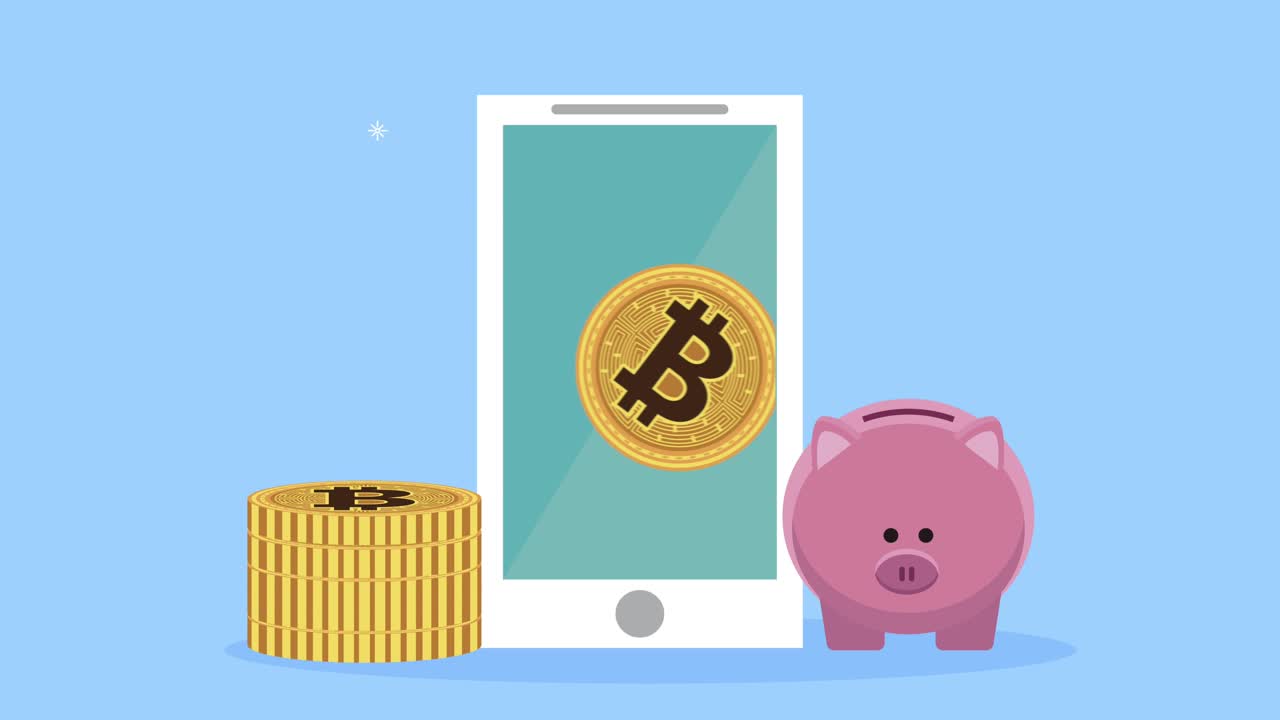 bitcoins en teléfonos inteligentes y animación de cerdo