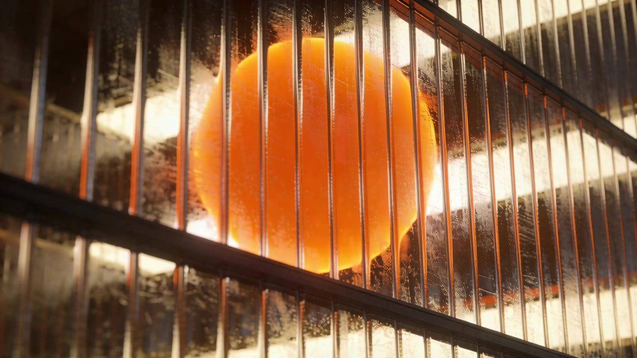 En glödande orange skiva startar, blir ljusare och stiger bakom en räfflad panel, med en diagonal stång.