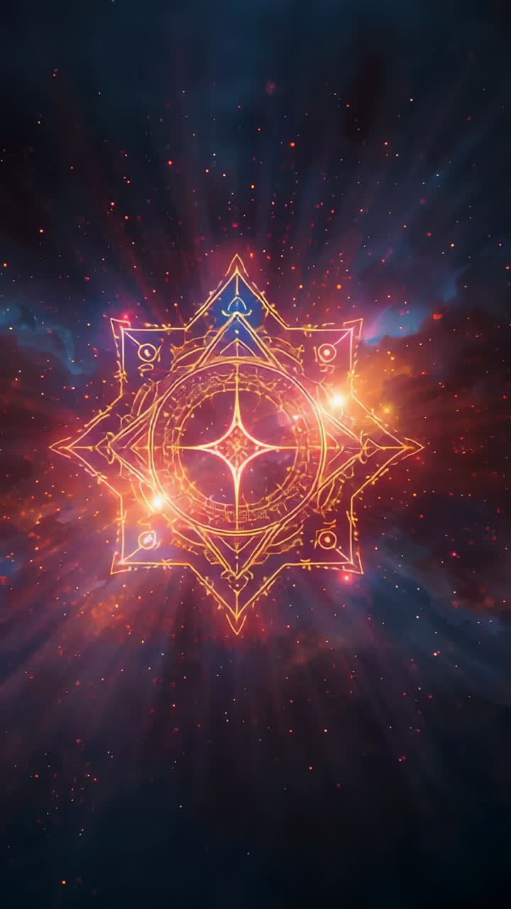Vertical video: Sparking ornate sigil in nebula pulsing and flaring showing blue triangle surging