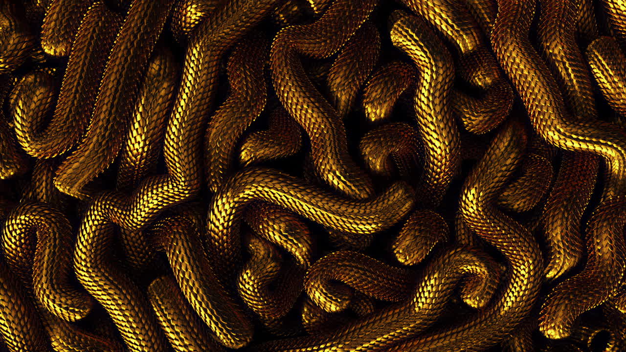 Metal texture dragon scales background. Lively coiled golden snakes