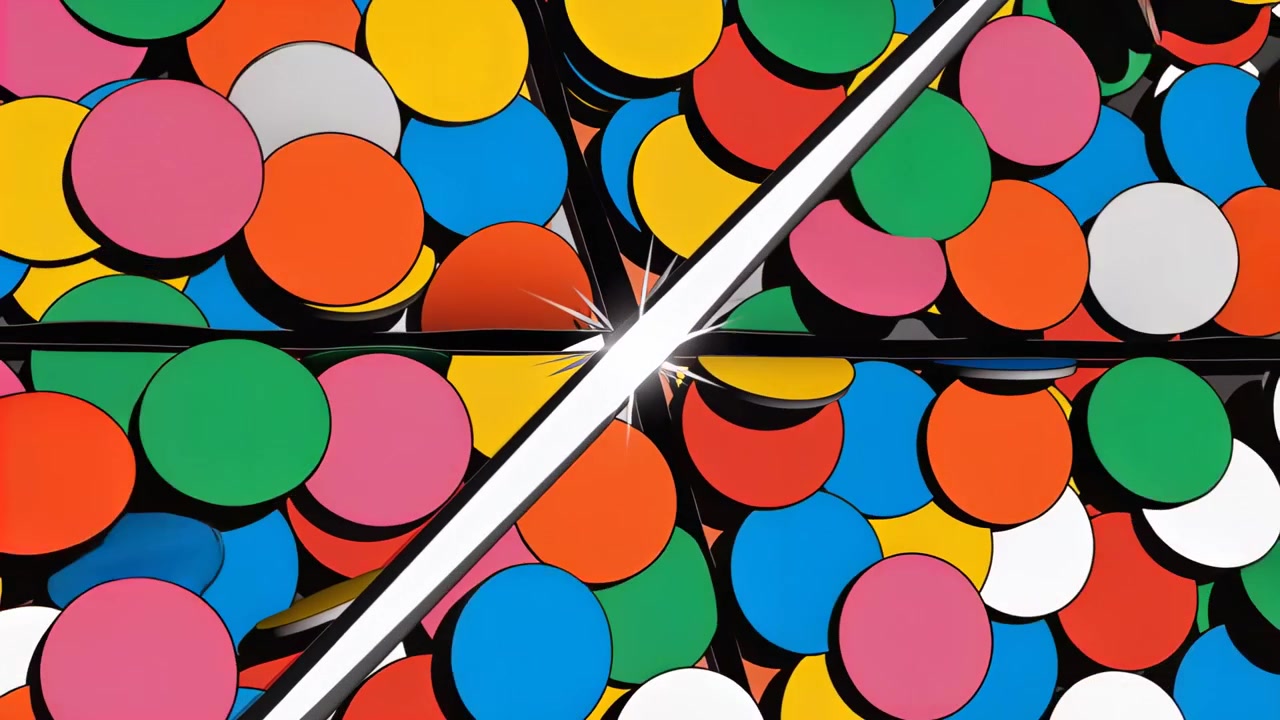 Sliding diagonal bar pushing through colorful tokens top-down to reveal black backs and glint