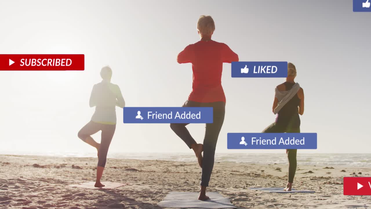 해변에서 요가를 하는 여성들에 대한 소셜 미디어 알림의 애니메이션