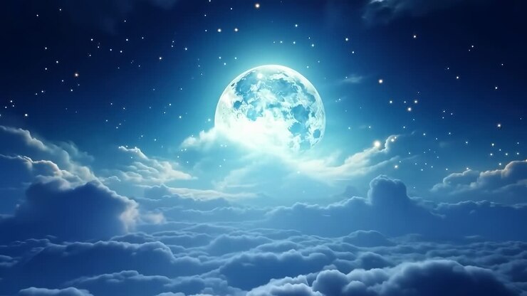 Aerial view of a glowing full moon above clouds in a starry night sky, creating a serene, dreamlike