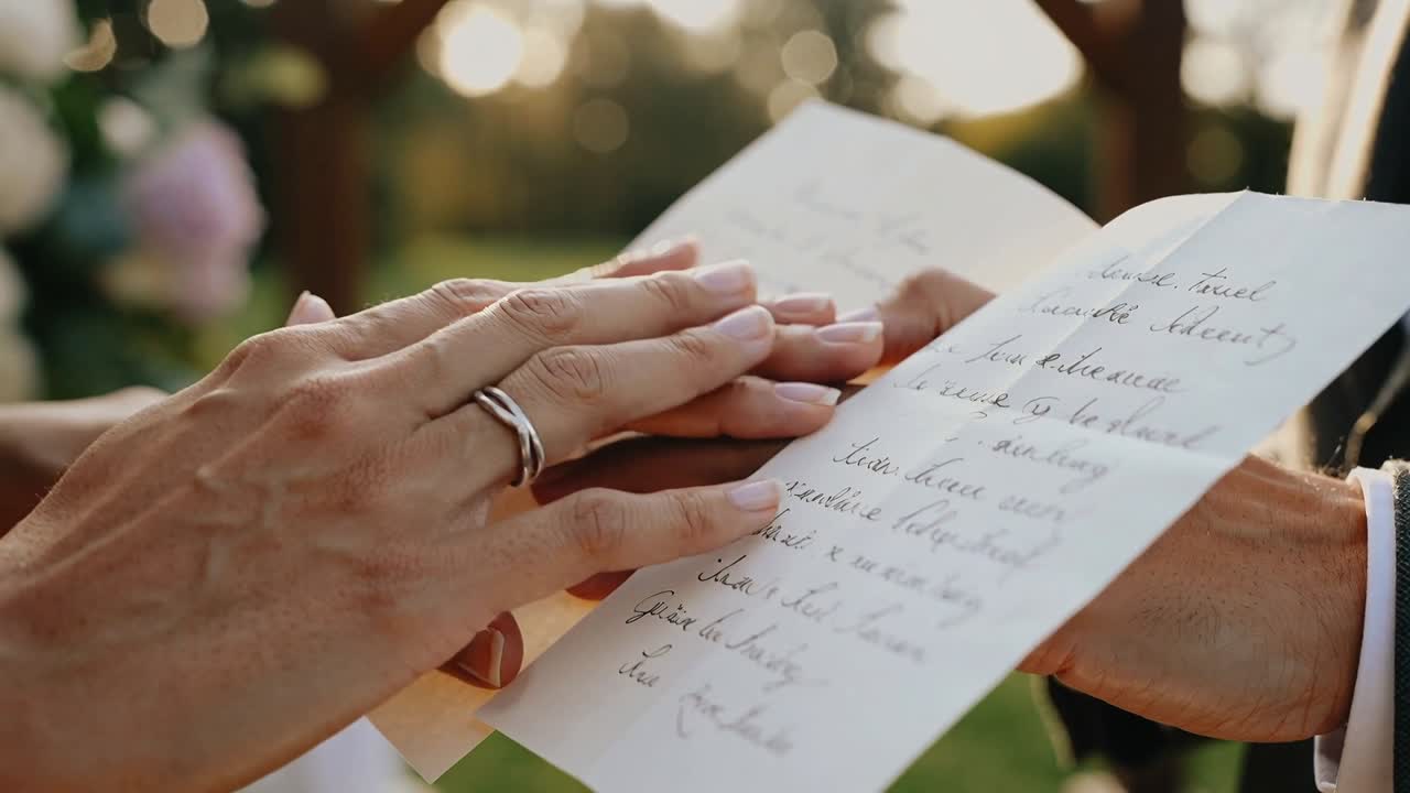 Entering hands, ringed hand reading vows at garden ceremony, partner holding with suit cuff