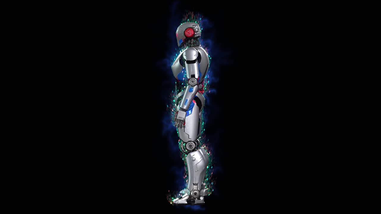 Highly detailed 3D humanoid robot design 04, with a sleek metallic body, articulated joints, and glowing energy accents rotating 360 degrees on a dark background. Ideal for AI and sci-fi concepts