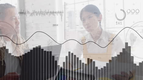 analyzing data charts and graphs, businesswoman working in modern office environment