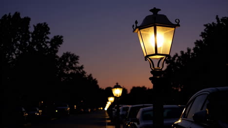 a quiet residential street lit by glowing streetlights at dusk
