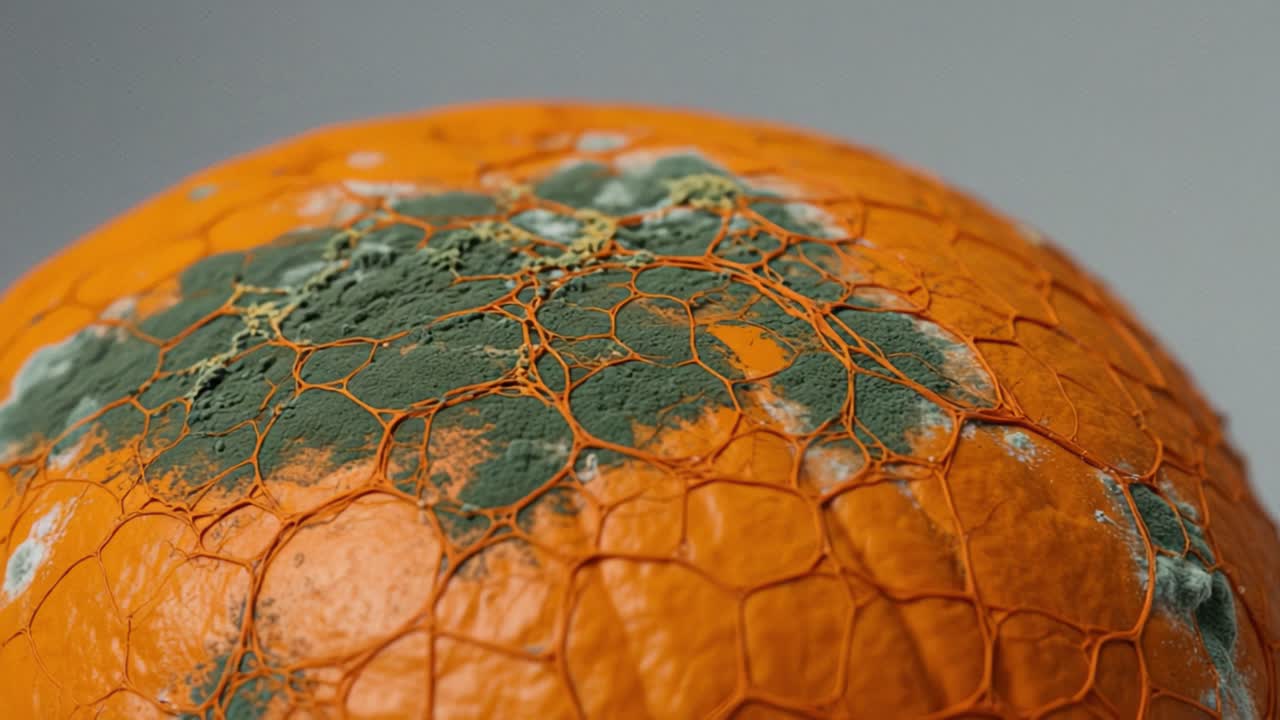 Decay and Mold on a Surface: A Close-Up Examination of a Texture-Riddled Orange Sphere Revealing Intricate Patterns of Fungi Growth and Aging