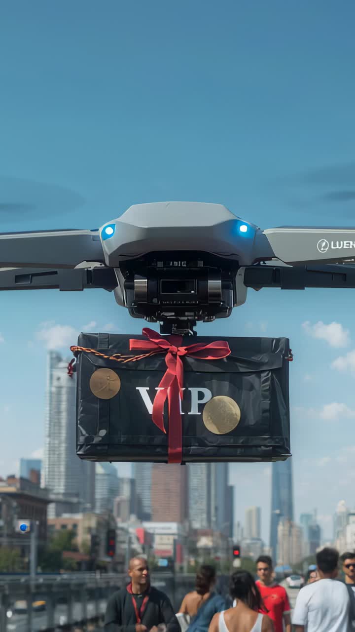Vertical video: Approaching quadcopter drone lowering VIP package for delivery over urban promenade