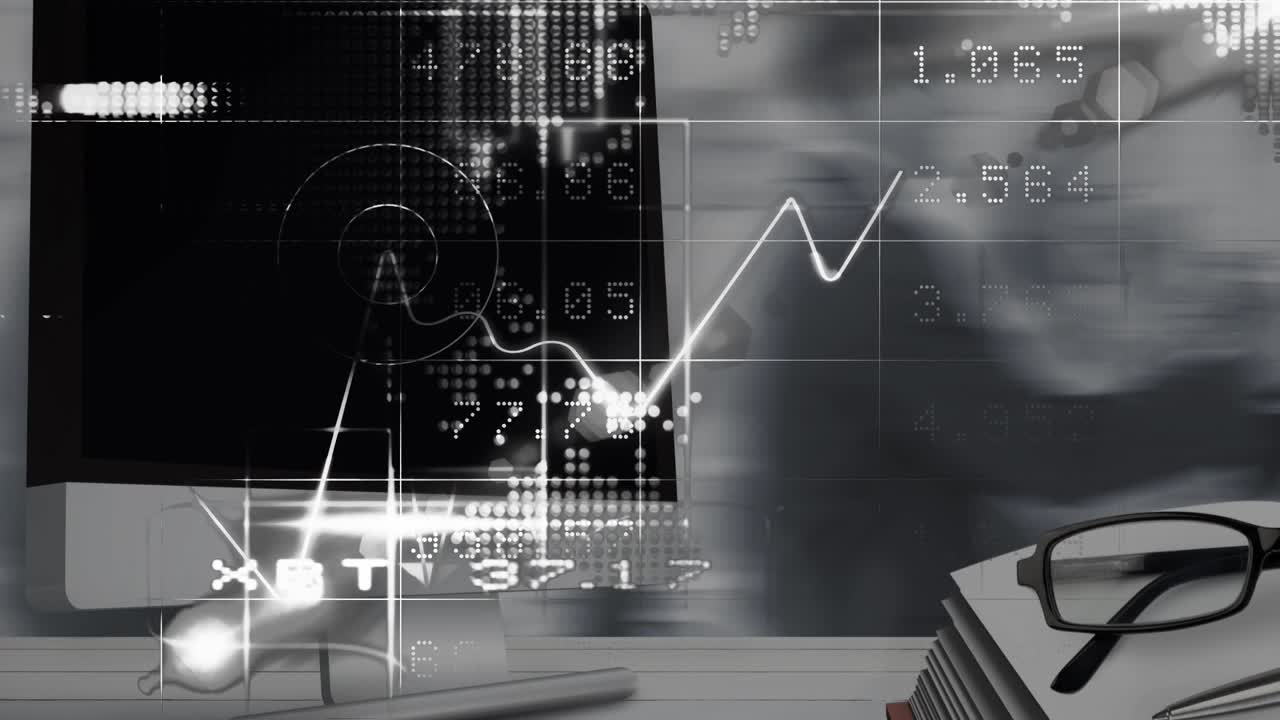 Animation of financial data and graphs over computer screen with copy space in office