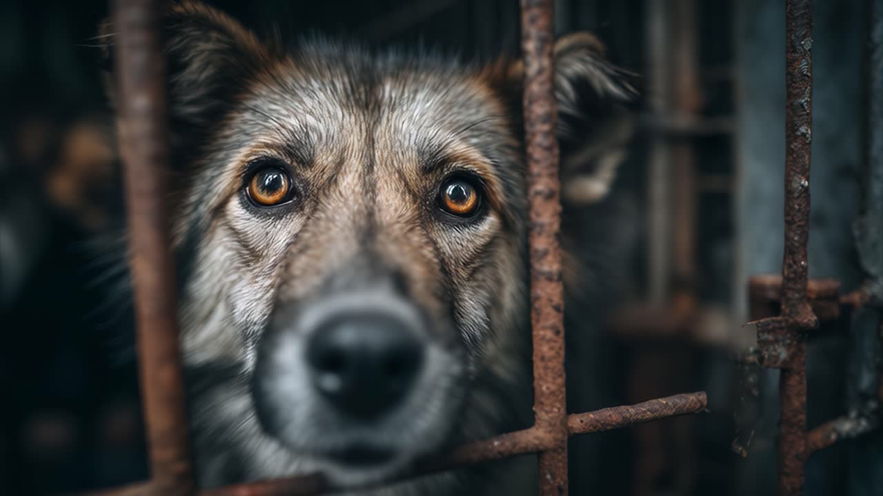 Sad dog looking through bars in shelter cage montage