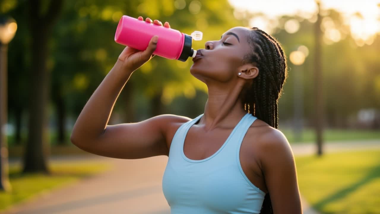 Healthy Hydration: A Woman Enjoying Refreshing Water During an Outdoor Workout, Embracing Wellness and Fitness Lifestyle in a Serene Environment