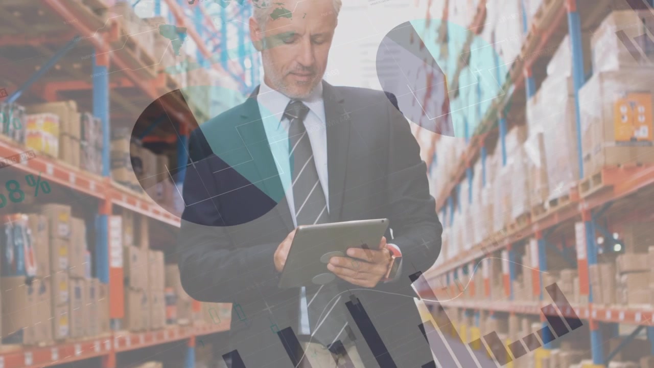 Animazione dell'elaborazione dati su un uomo che lavora in un magazzino