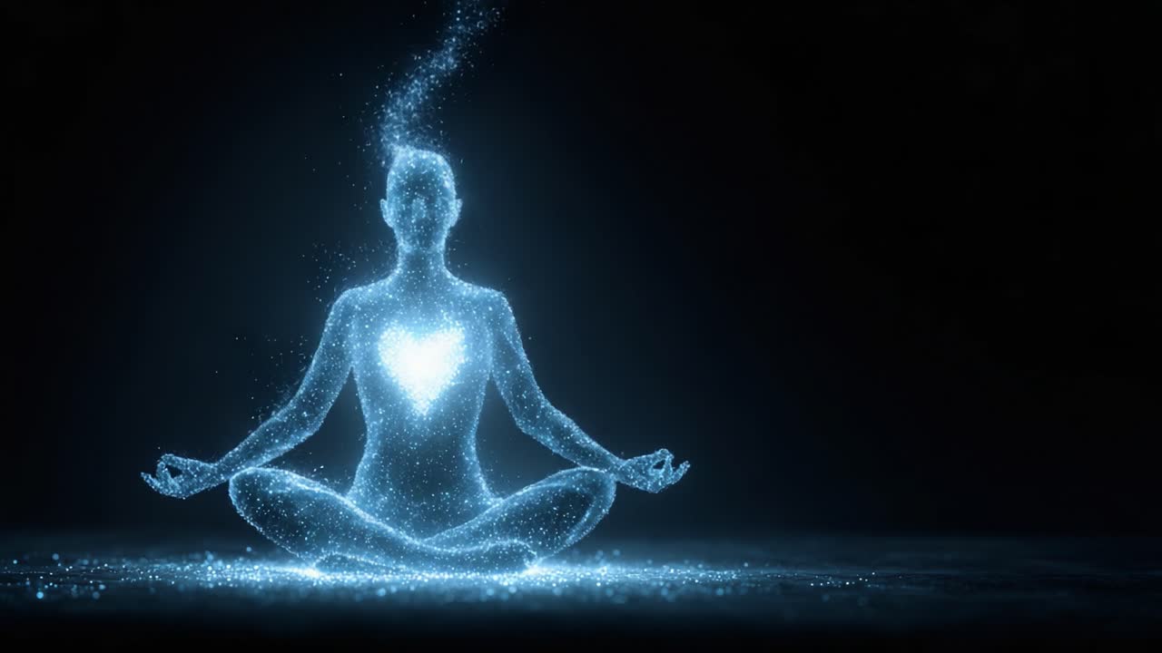 Una figura luminosa incarna serenità e spiritualità, irradiando energia e pace attraverso un cuore di luce scintillante in un tranquillo ambiente cosmico.
