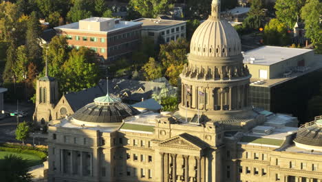 close up aerial of idaho capital building in downtown boise