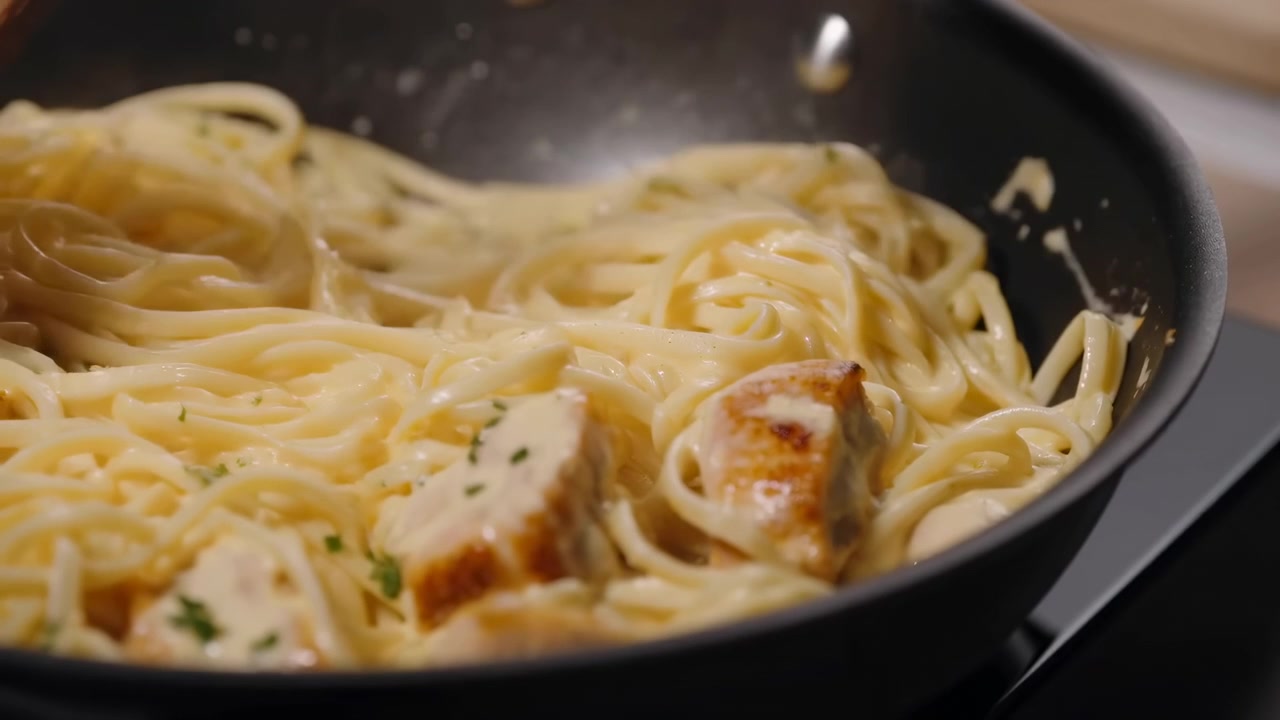 Spatola di legno mescola e solleva spaghetti cremosi all'interno di una padella nera, mescolando fili lucidi attorno a cubetti di pollo scottati, con vapore leggero, guarnizione di erbe, in una calda scena di cucina interna.