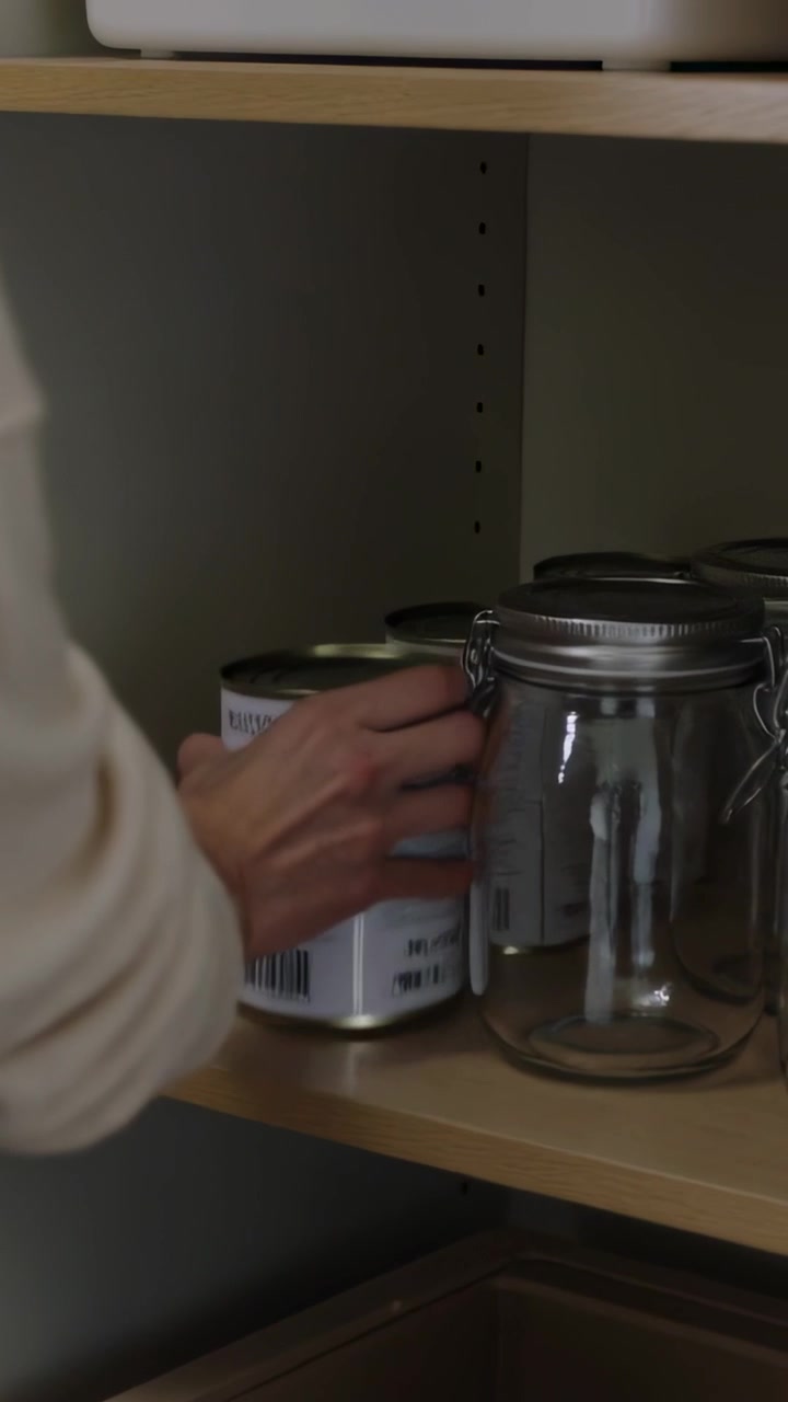 Video verticale: Tirando la maniglia, braccia che aprono la dispensa dall'alto, allineando lattine accanto a barattoli, spazio per il testo.