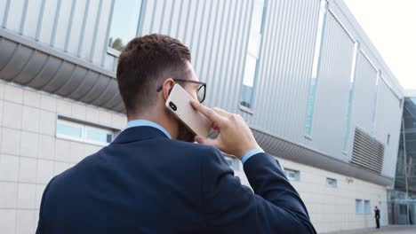 vista trasera del hombre de negocios caucásico con ropa elegante hablando en el teléfono inteligente y caminando por la calle