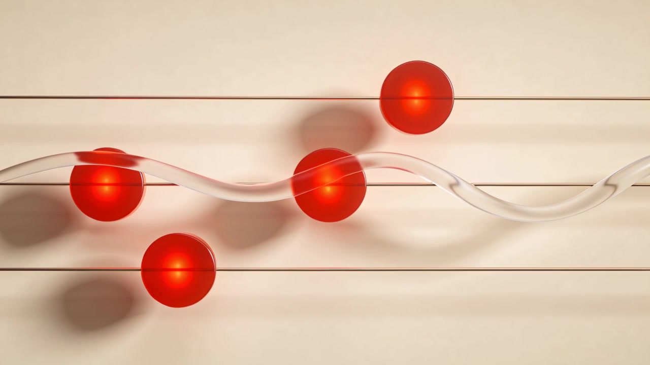 Sliding sheer ribbon entering, pushing five glossy red spheres across beige mat with four lines