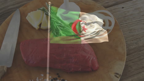 algerian flag animation over raw steak, onions, and spices on wooden board