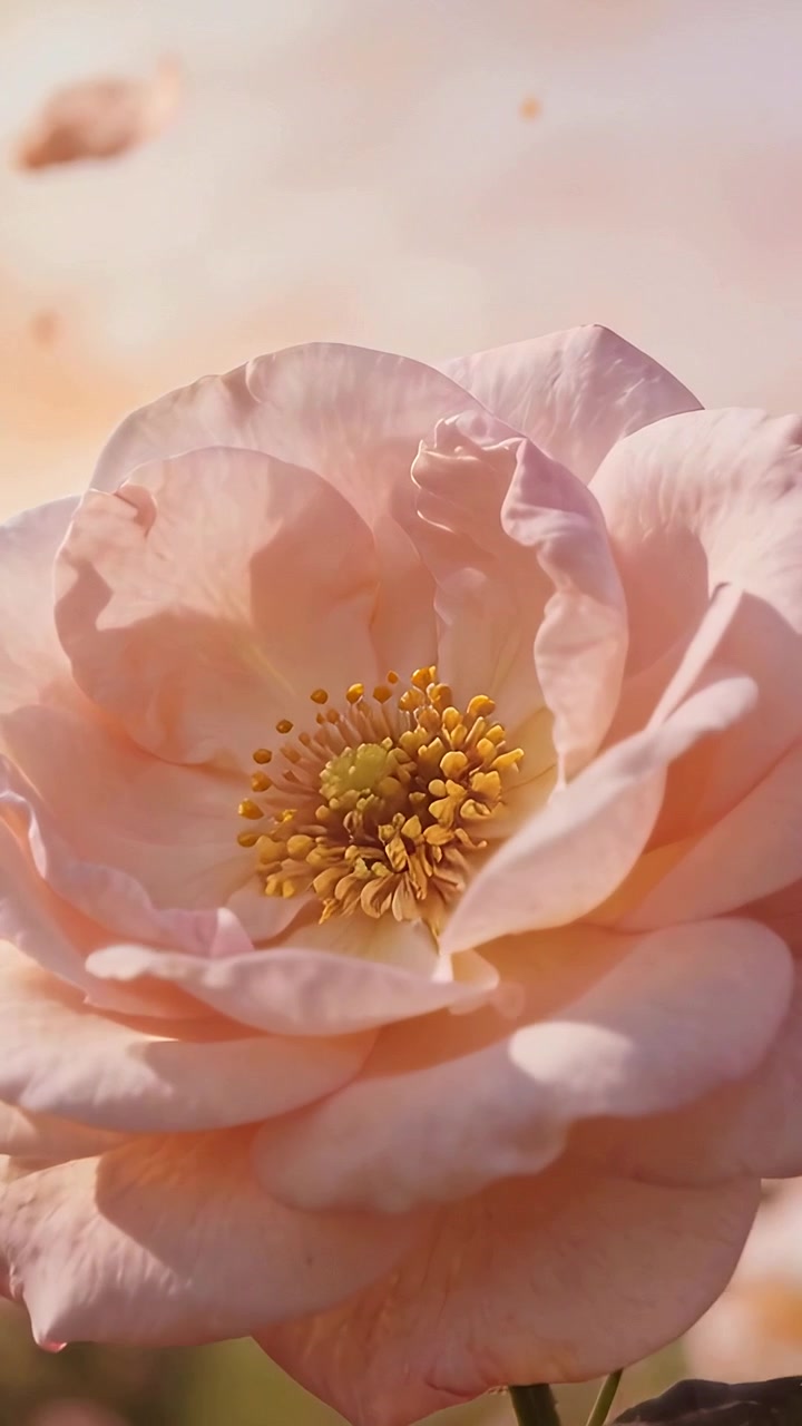 Video verticale: Rivelando una singola rosa rosa pallido che perde i petali a causa di una brezza delicata in un roseto.