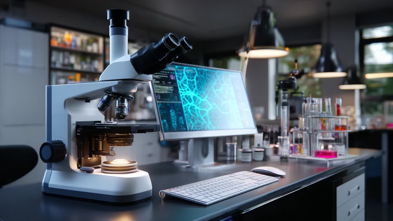 A high-tech laboratory environment showcasing a modern microscope alongside advanced digital display technology, emphasizing the importance of scientific research and innovation in a well-equipped workspace