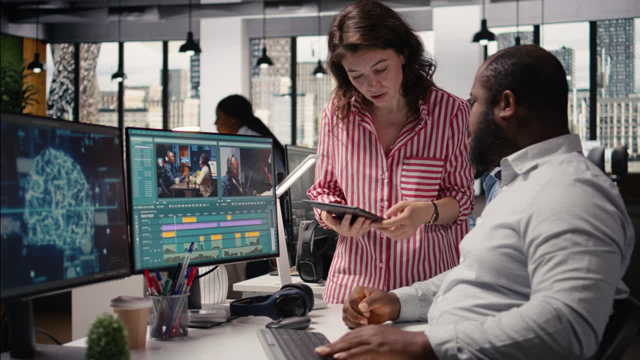 AI brain system, video montage editing, diverse team in creative agency