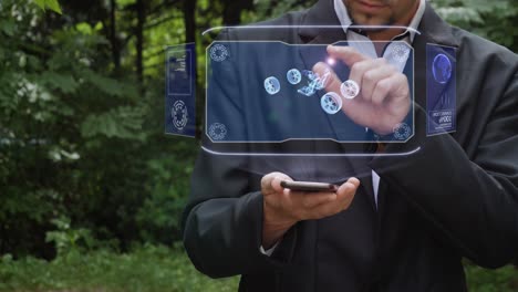 el hombre de negocios usa un holograma con un chasis 3d