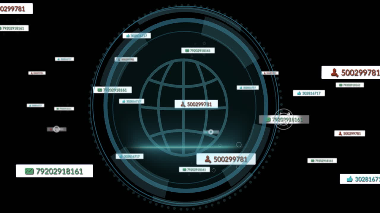 animación de iconos de redes sociales con números en todo el mundo con escaneo de alcance en fondo negro