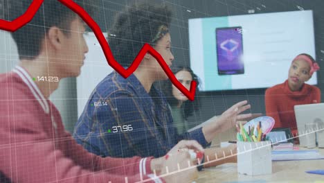 animation of statistical data processing over group of colleagues discussing together at office